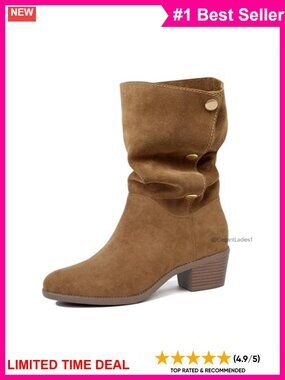 Women's Suede Mid-Calf Chunky Block Heel Boots Fold-Over Slouch